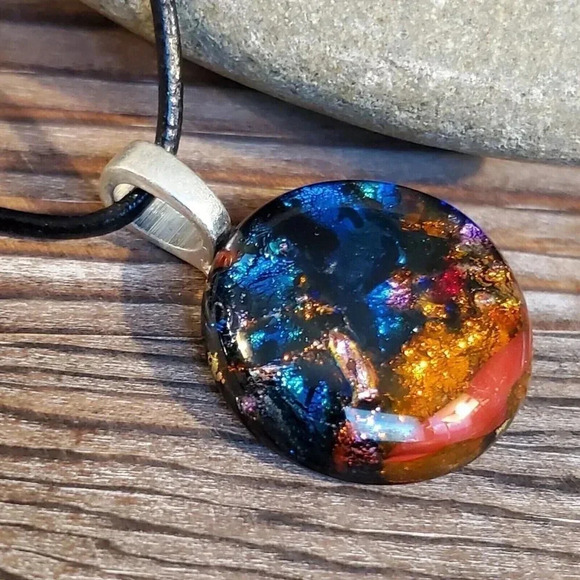 Dichroic Fused Art Glass Round Blue Red Pendant Black Leather Cord Necklace C - Picture 5 of 7